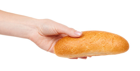 Hand with fresh bun isolated on white background.
