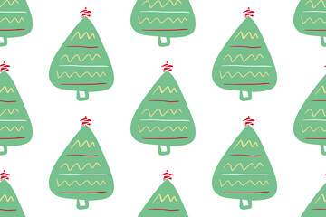 Hand-drawn Christmas tree. Cartoon illustration with Christmas and New year decorations, stars. Doodle seamless pattern isolated on background. For your fabric, textile design, wrapping paper