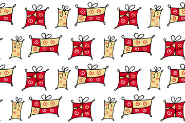 Hand-drawn gifts boxes set. Doodle cartoon illustration with Holidays, Birthday, Christmas, New year gift. Doodle seamless pattern isolated on background. For your fabric, textile design, wrapping