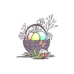 Vector illustration. Basket with easter eggs, willow branches and flowers behind a cupcake in the grass.