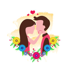 Illustration kissing couple with flowers decoration design