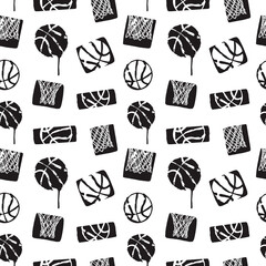 Seamless pattern with basketball balls and hoop on a white background. Abstract background for sports designs, hand drawing, grunge style, brush.