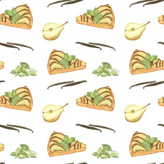 Seamless pattern with pear dessert, pear, vanilla pods and mint on white isolated background. Fine watercolor illustration. For cafes and restaurants decor, wallpapers, web design and more. 