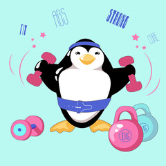 A very strong penguin keeps on training and enjoys the workout. Vector illustration on bright turquois background. All objects are organised in groups and layers.