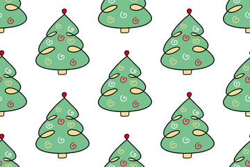 Hand-drawn Christmas tree. Cartoon illustration with Christmas and New year decorations, stars. Doodle seamless pattern isolated on background. 