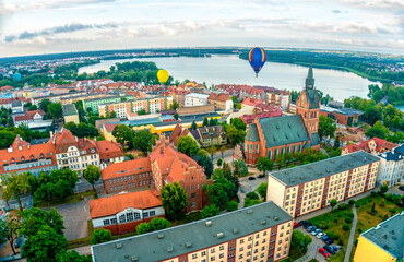 Elk town panorama with hot air flying balloons