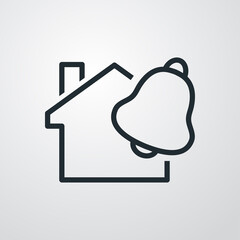 Seguridad en el hogar. Logotipo casa con campana de alarma con lineas en fondo gris
