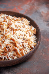 front view cooked rice with dough slices on dark background photo dish meal dark food