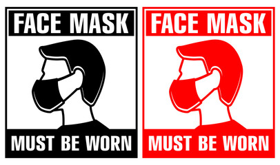 Doors sign Face mask required. Protective face mask must be worn. Warning signage for restaurant, cafe and retail business. Illustration, vector on transparent background