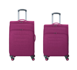 Photo of pink soft suitcase in two dimensions and front position with handle on white background