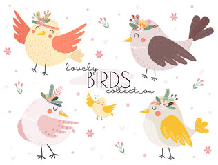 Set of lovely birds with flowers and leaves. Cute isolated cartoon vector animals with floral elements.  Childish illustration, gentle colors. Collection of hand drawn baby birds.