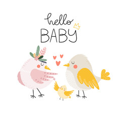 Cute isolated vector birds with flowers. Bird family. Hello baby lettering. Can be used for Baby shower invitation card, Nursery poster. Lovely loving family with a baby. Gentle colors.  © Alina Mosinyan