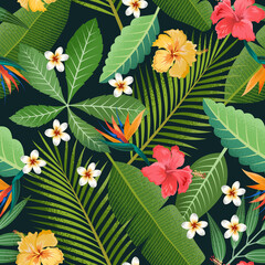 Seamless pattern with tropical beautiful strelitzia flowers and leaves exotic background.