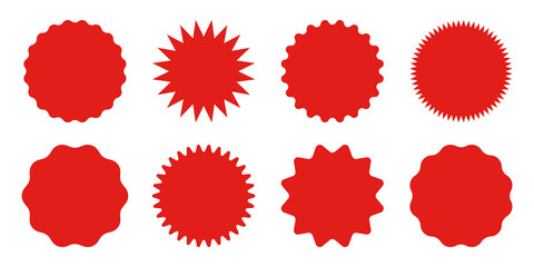 Red shopping labels collection. Sale or discount sticker. Special offer price tag. Supermarket promotional badge. Vector sunburst icon.
