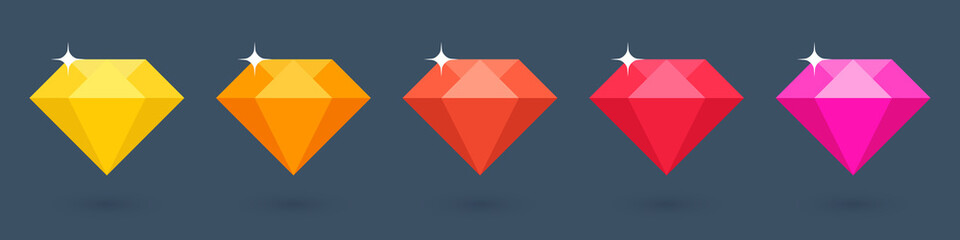 Flat diamonds collection. Colorful gemstone. Vector illustration.