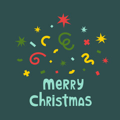 Merry Christmas holiday gift card template. Sprinkle confetti explosion. Xmas banner, web poster, flyer and brochure, greeting card. Trendy colors. Flat Style. Merry Christmas text.