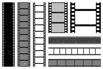 Grunge film strips collection. Old retro cinema movie strip. Video recording. Vector illustration.