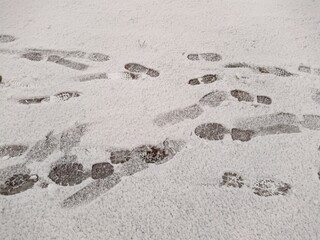 many footprints in the snow during the day