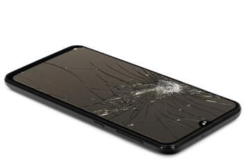 Smartphone with broken display screen, isolated on white background