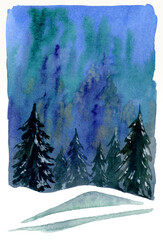 New Year card. Winter pine forest. Watercolor picture.