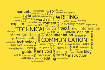 Technical writing word cloud. Technical writer or communicator, documentation, profession concept. Illustration.