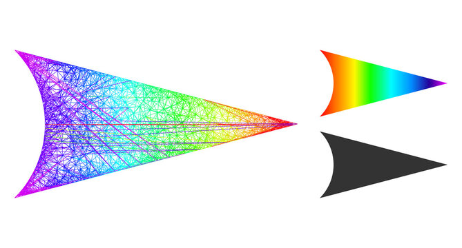 Spectrum colored net arrowhead right, and solid spectrum gradient arrowhead right icon. Linear carcass flat net geometric image based on arrowhead right icon, made with crossed lines.