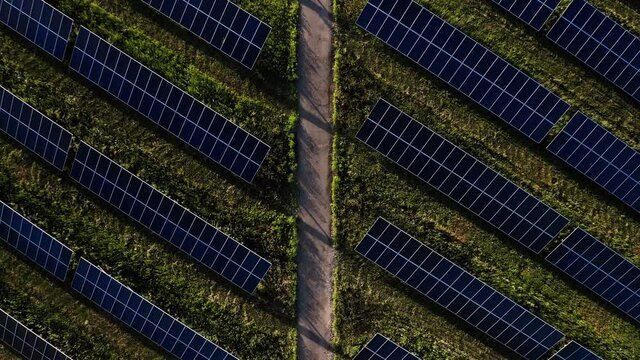 Aerial top view of a solar panels power plant 