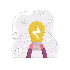 Fototapeta premium Vector illustration concept thinking differently, idea, discoveries, competition, creativity. Hands holding burning lamp against background abstract symbols victory, growth, money, etc.