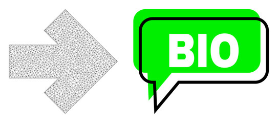Shifted Bio green text cloud and arrow right mesh composition. Vector flat arrow right, built from triangles. Green speech contains Bio text inside black contour, and colored cloud.
