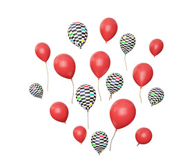 many flying red and checkered balloons isolated on white, 3d render