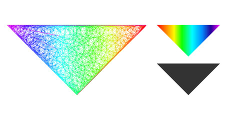 Spectrum colorful network arrowhead down, and solid spectrum gradient arrowhead down icon. Crossed carcass flat network geometric image based on arrowhead down icon, is made from intersected lines.