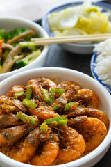 angle view fast food shrimp with cauliflowers and mushrooms and cabbage and rice vertical composition