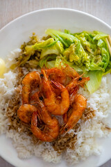 top view fast food shrimp with cabbage and rice vertical composition