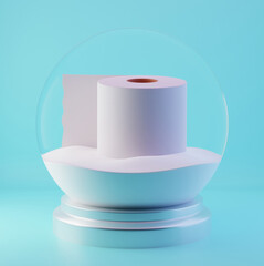 A souvenir Transparent Snow Globe with toilet paper inside. Winter wave of coronavirus infection, Christmas and covid-19 concept, 3d render