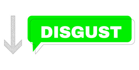 Misplaced Disgust green text speech shape and arrow down mesh model. Vector flat arrow down, built from flat mesh. Green chat includes Disgust text inside black contour, and color area.