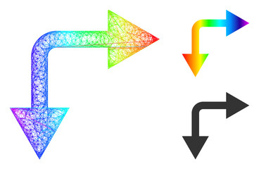 Spectrum vibrant wire frame bifurcation arrow right down, and solid spectrum gradient bifurcation arrow right down icon.