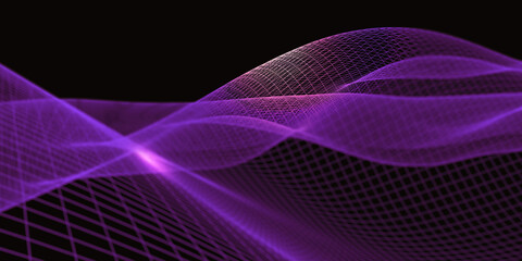 The curve of the digital connection structure Future table Abstract Geometric Technology particle form Focus distance in the emitting point Colored lines on black background 3d illustration