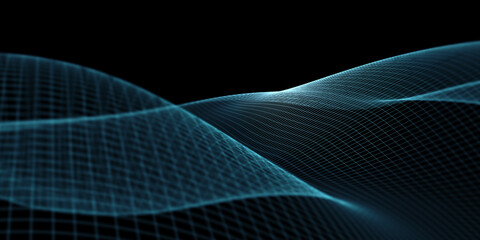 The curve of the digital connection structure Future table Abstract Geometric Technology particle form Focus distance in the emitting point Colored lines on black background 3d illustration