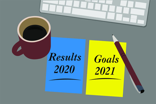 Results 2020 and Goals 2021 - reports and plans on the desktop. Business New Year concept - 2021 is replacing 2020 year
