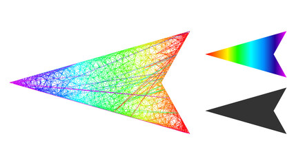Spectrum vibrant net mesh arrowhead left, and solid spectrum gradient arrowhead left icon. Crossed frame flat net abstract image based on arrowhead left icon, created with intersected lines.