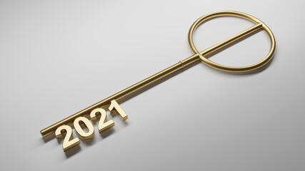 Happy New Year Background. Key with 2021. 3D illustration