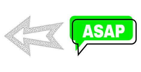Shifted Asap green message speech shape and arrow left mesh model. Vector flat arrow left, designed with flat mesh. Green speech contains Asap tag inside black contour, and color bubble.
