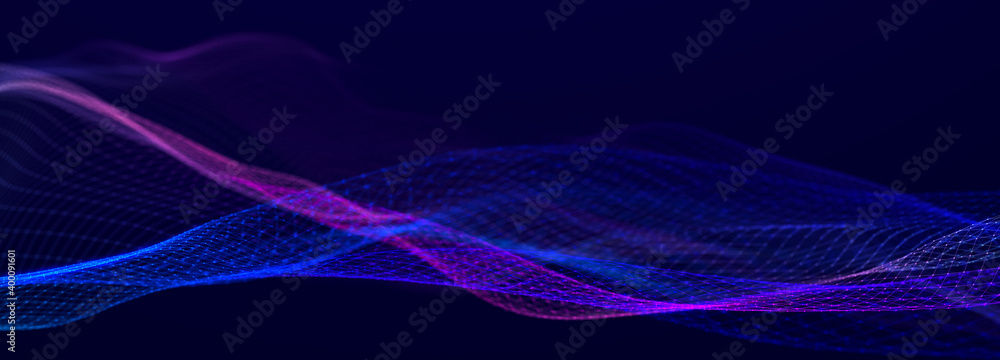 Poster Abstract futuristic wave background. Network connection dots and lines. Digital background. 3d