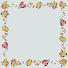 Fototapeta na wymiar Square frame made of cute cartoon funny characters of butterflies, abstract flowers and doodles of hearts on a gray background. Summer stylish isolated template with place for text. Copy space. Vector