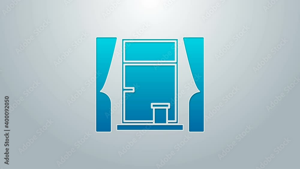 Poster blue line window with curtains in the room icon isolated on grey background. 4k video motion graphic