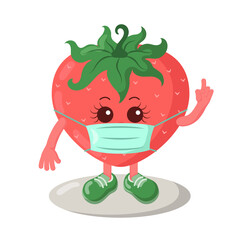 Cute kawaii strawberry with sneakers and medical mask holding index finger up. Colored isolated natural vector illustration in flat design with shadows	