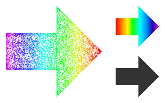 Rainbow colored net mesh arrow right, and solid rainbow gradient arrow right icon. Crossed frame flat net abstract image based on arrow right icon, is generated from crossed lines.