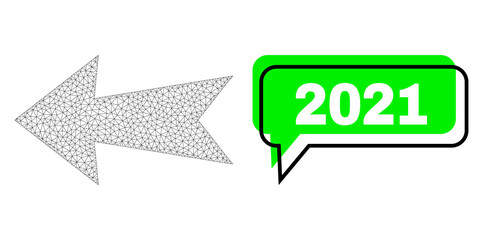 Misplaced 2021 green chat speech shape and arrow left mesh model. Vector flat arrow left, created from flat mesh. Green chat contains 2021 title inside black frame, and color banner.