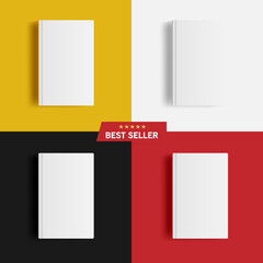 Set Mockup Of Blank Hardcover Books On Yellow, White, Black And Red Background. Best Seller Text And Five Pointed Stars. Template And Graphic Resources For Your Design. Vector Illustration EPS10