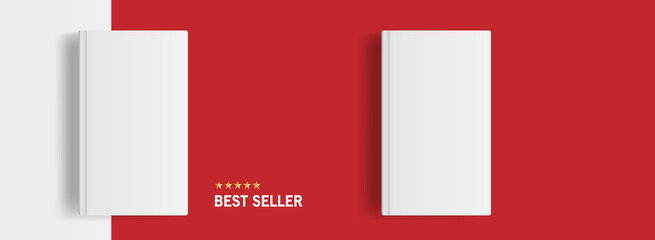 Vector Banner Mockup Of Blank Book Cover On Red And White Background with Best Seller Text And Five Pointed Stars. Empty Space For Title, Reviews Or Price. Editable Realistic Illustration EPS10